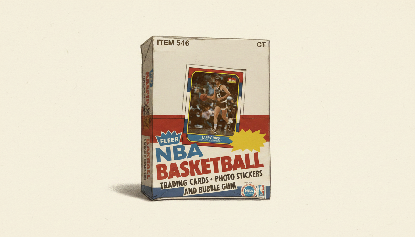 A vintage sealed basketball trading-card wax box, rendered by Pricing Culture Studio