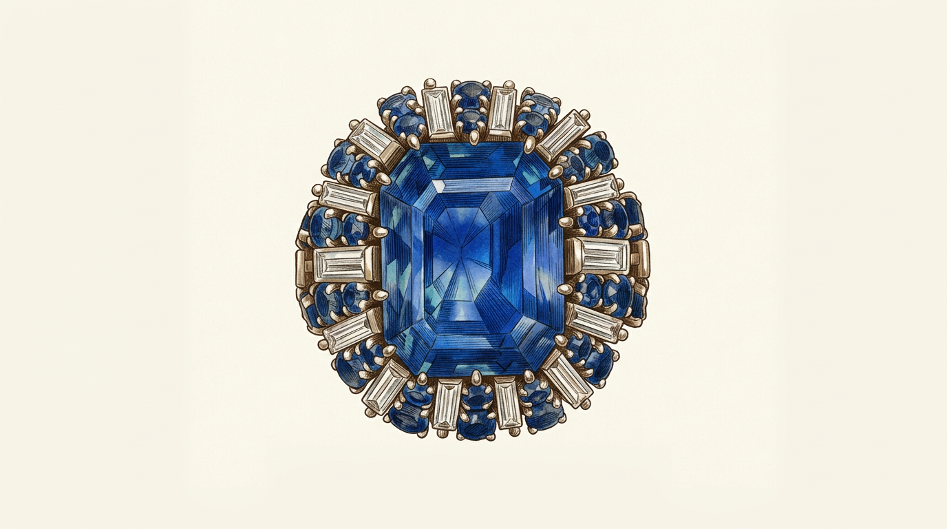 Studio illustration of the sapphire-and-diamond convertible ring from Bonhams California sale, lot 211