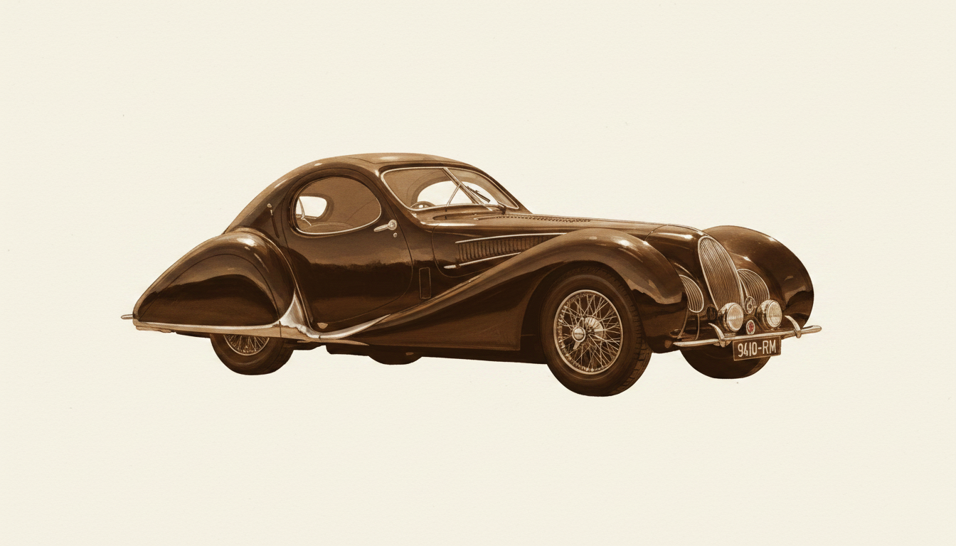 A photograph-derived Pricing Culture Studio treatment of the 1938 Talbot-Lago Teardrop Coupe