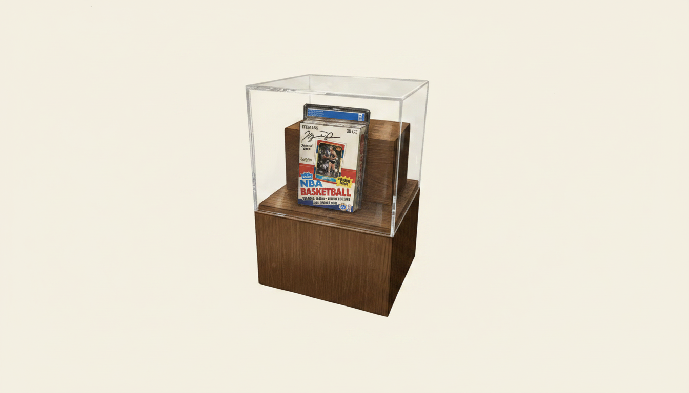 A photograph-derived Pricing Culture Studio treatment of the signed Michael Jordan Fleer box in its display case